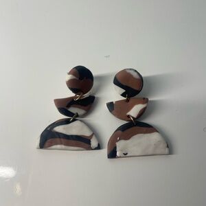 Handmade Marbled Polymer Clay Drop Earrings — Brown, Black & White